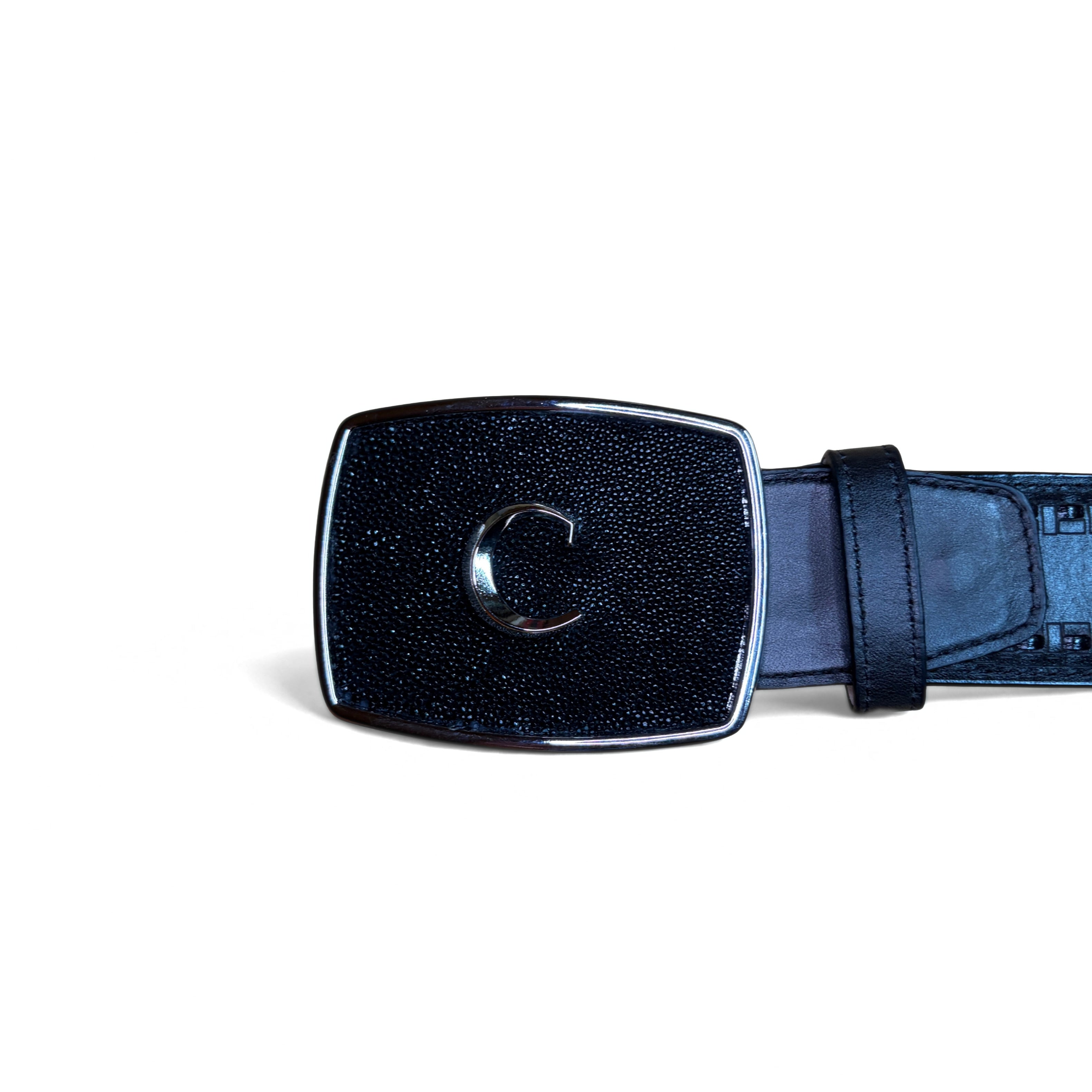 Cuadra Men’s Black Stingray Lazer and Woven Belt showing buckle and strap