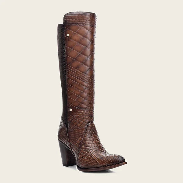 Embroidered brown leather boot