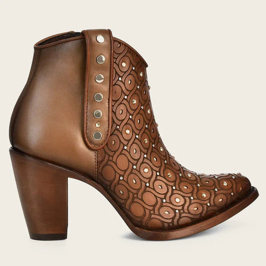 Cuadra Handwoven brown leather bootie with Austrian crystals