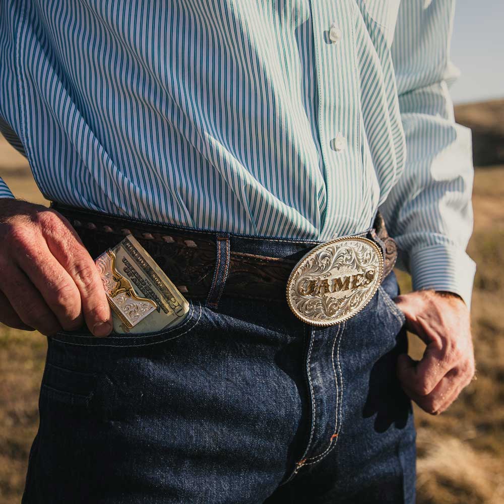 Two-Tone Carved Longhorn Money Clip