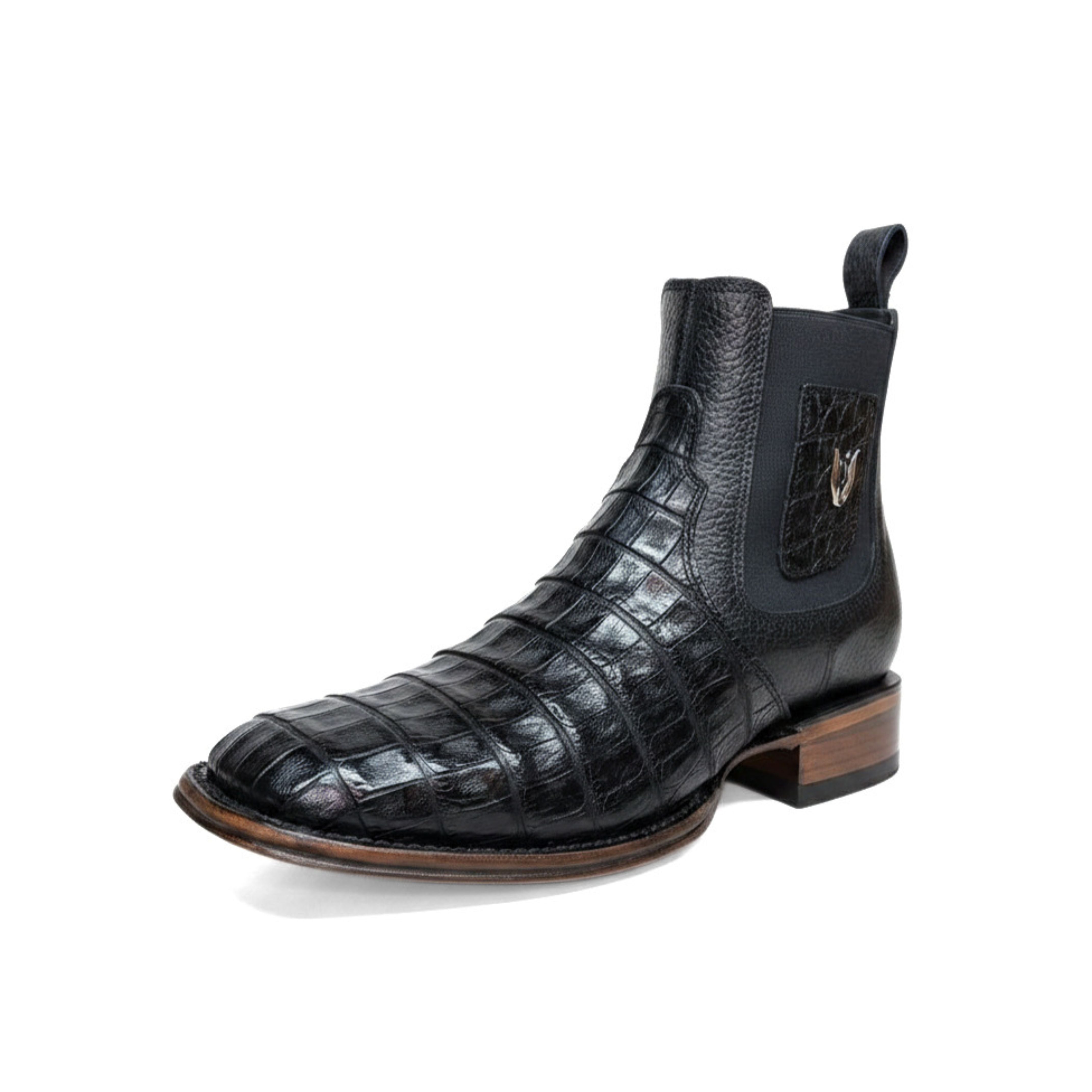 Vestigium Black Caiman Belly Boot angled side view in black exotic leather