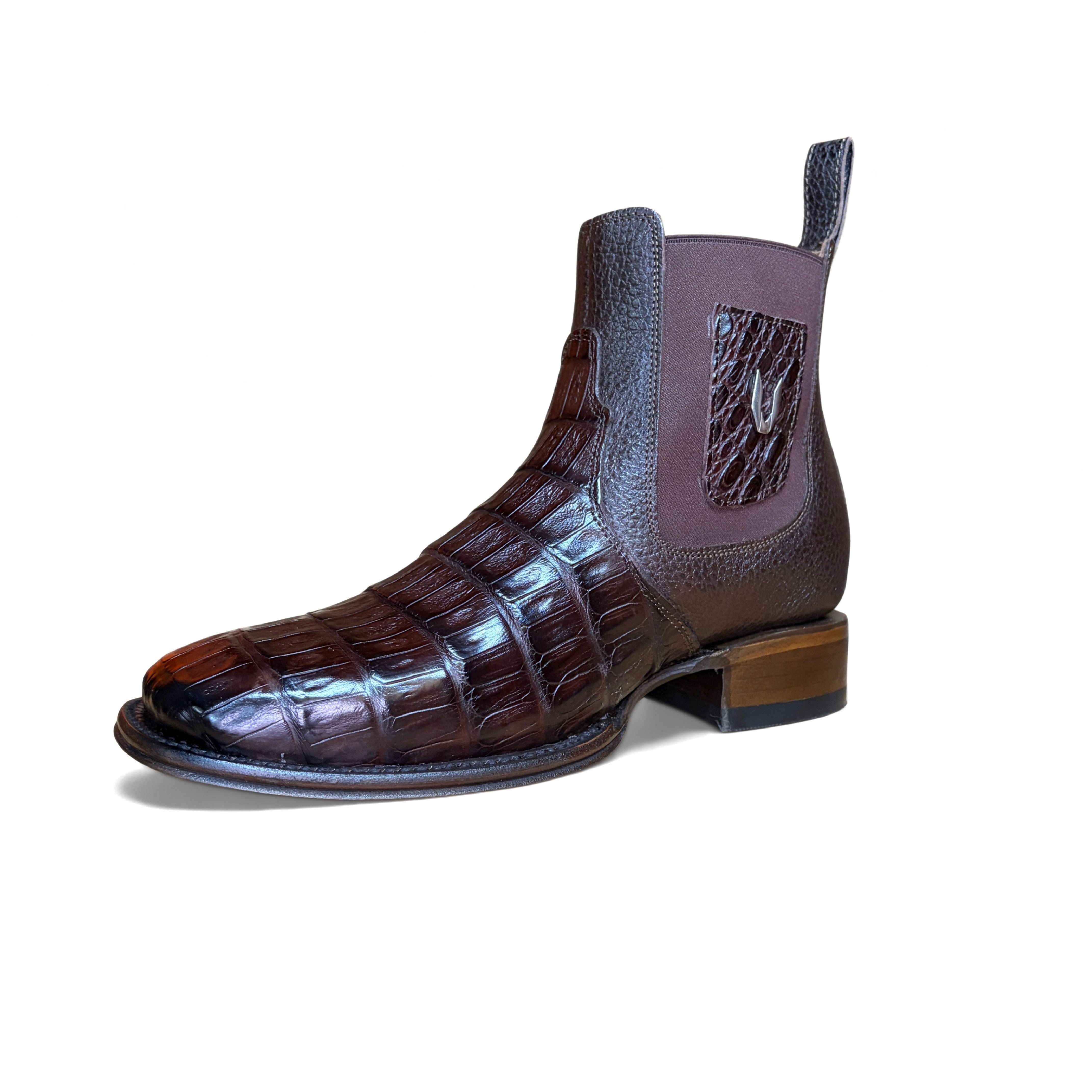 Vestigium Caiman Belly Café Boot angled side view in café brown exotic leather
