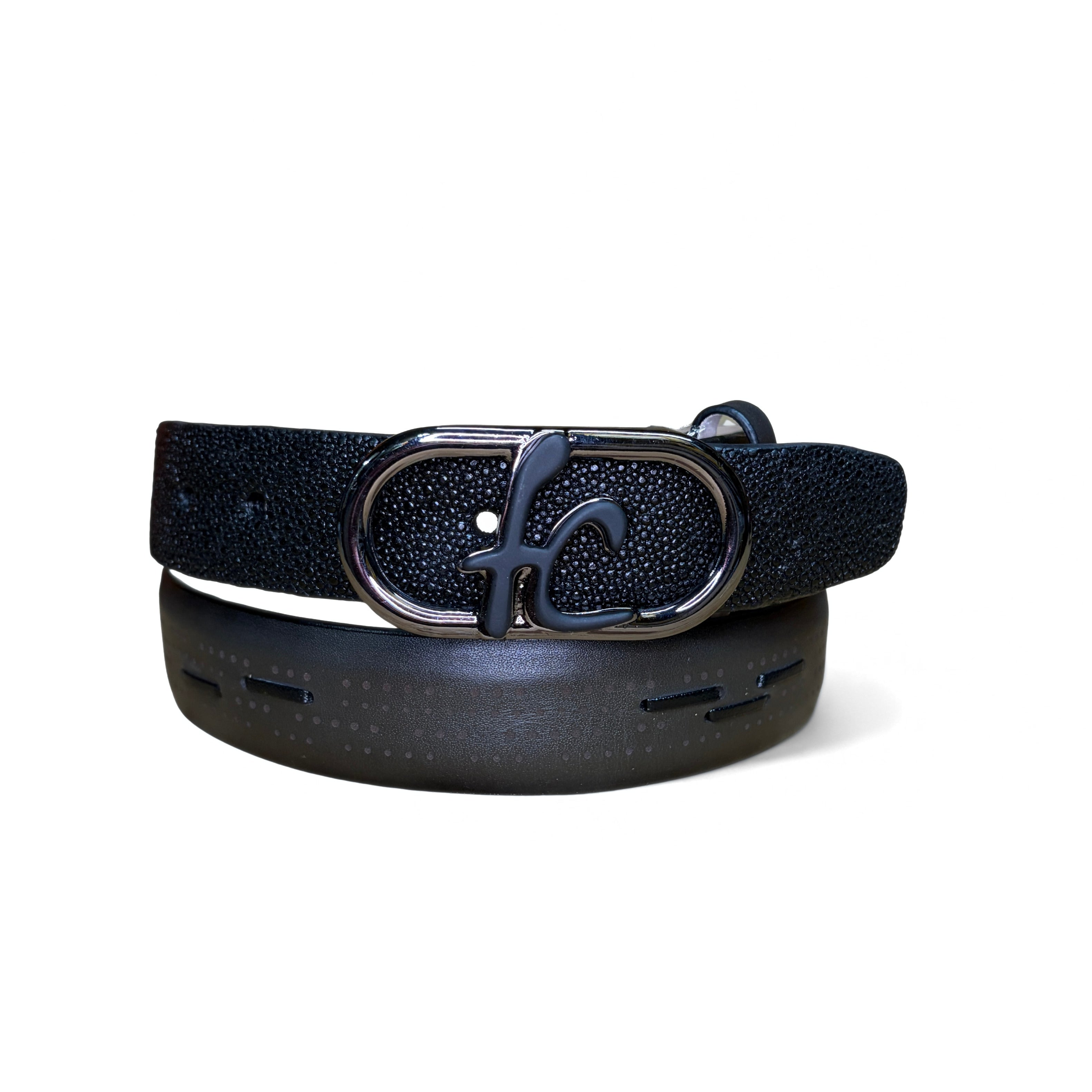Cuadra Men’s Black Stingray Woven Belt front view in black exotic leather with buckle
