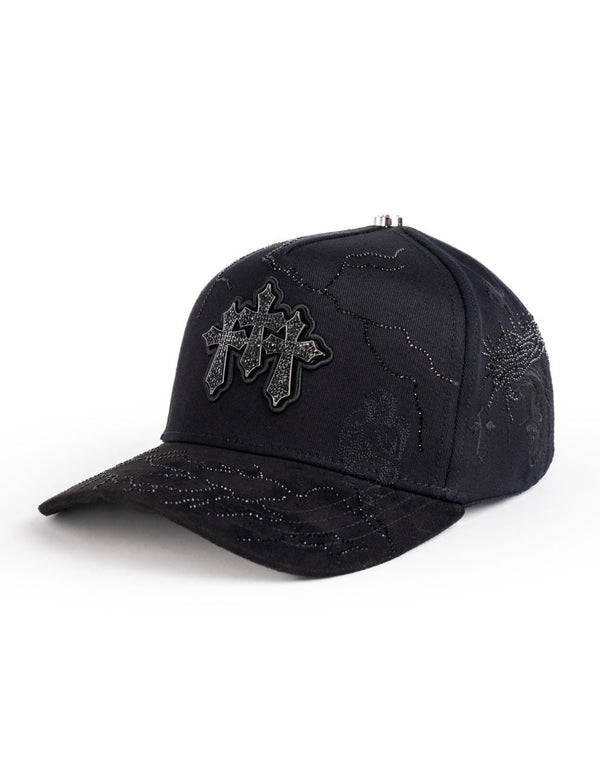 Kevin Hats Tres Cruces Black Hat front angled view in black with cross detail