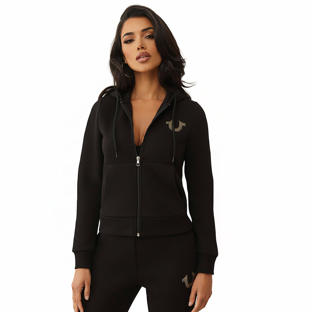 True Religion Crystal Logo Zip Hoodie front view on model in black