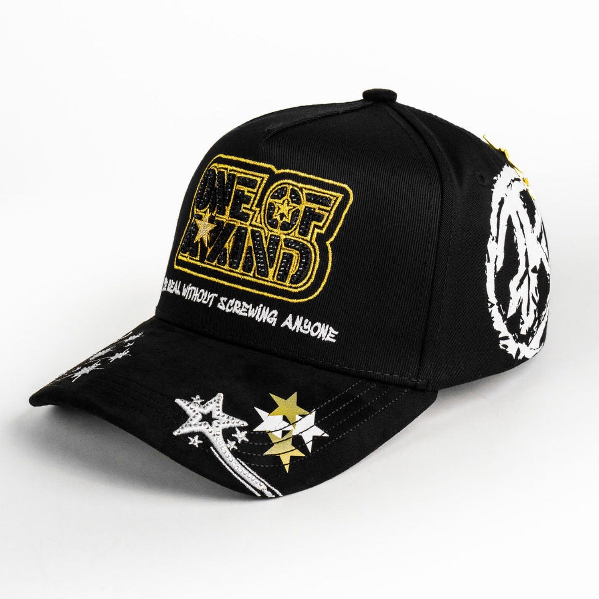 Angled side view of Bigg Boss One Of Akind Gold Hat in black and gold