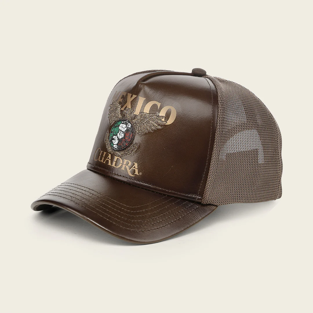 Cuadra Limited Edition Brown 2026 Mexico Trucker Cap front angled view in brown leather