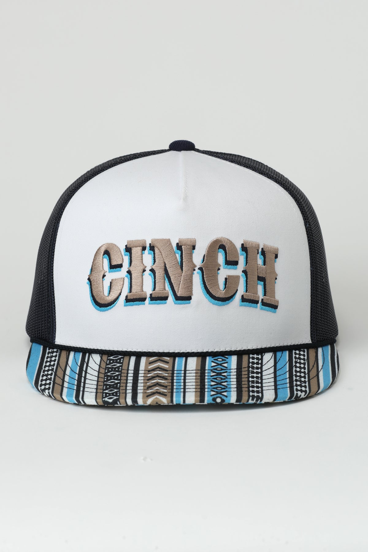 Cinch Western Stripe Trucker Cap front view showing white patch and striped brim