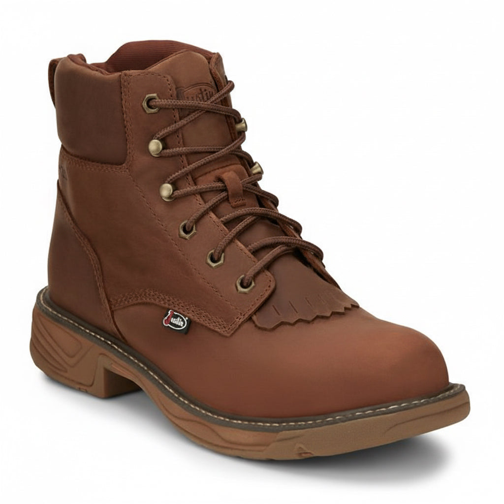Angled side view of Justin Rush 6 Inch Waterproof Boot in brown