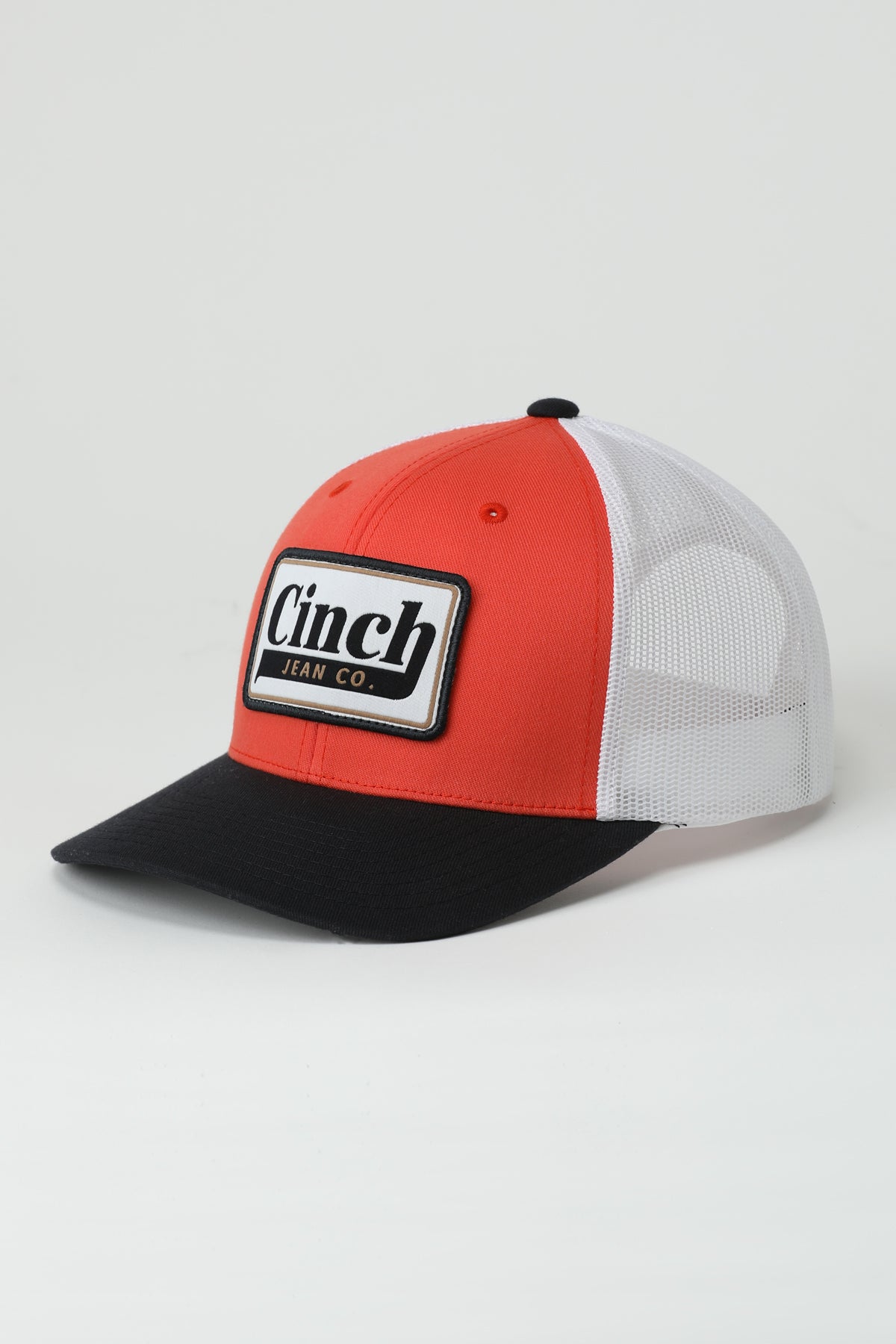 Cinch Patch Cap front angled view in red white and black with patch detail