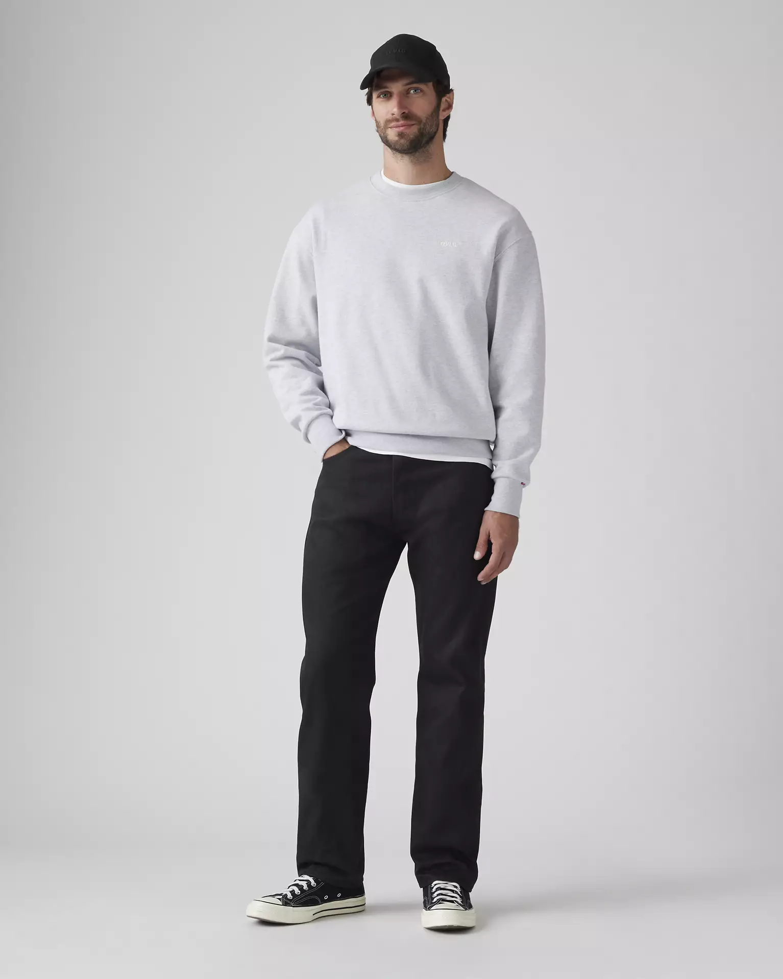 Levi’s 501 Original Shrink-to-Fit Men’s Jeans front view on model in black denim