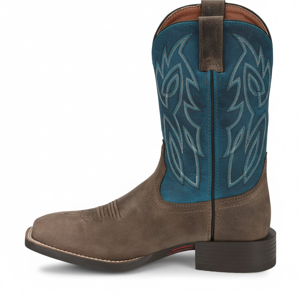 Justin Canter 11 inch Western Boot side view in brown leather with blue stitched shaft