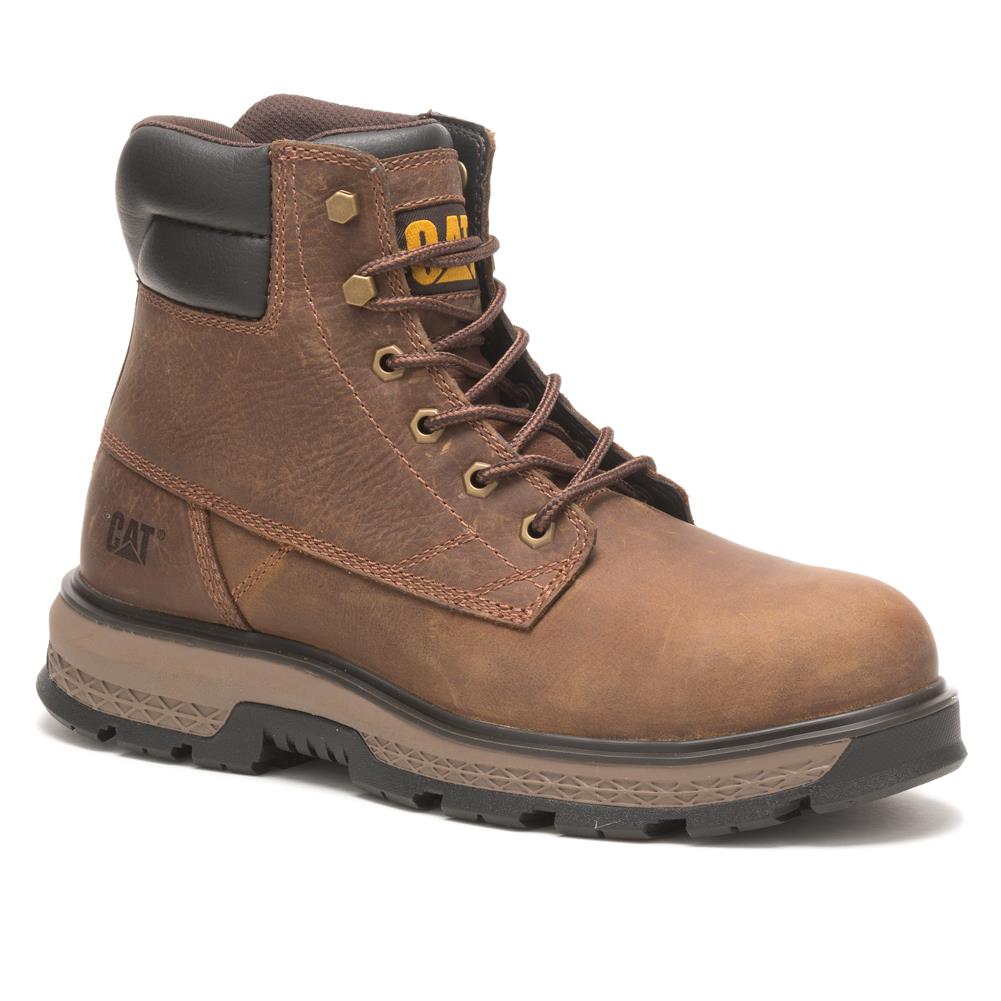 Angled side view of CAT Exposition 6 Inch Alloy Toe Work Boot in brown