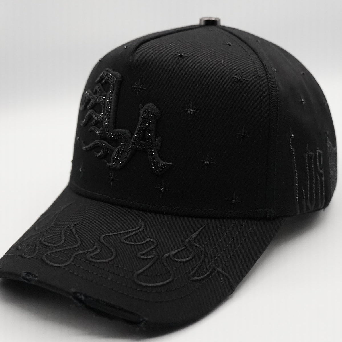 Angled front view of Bigg Boss LA Flame Black Klan Hat in black