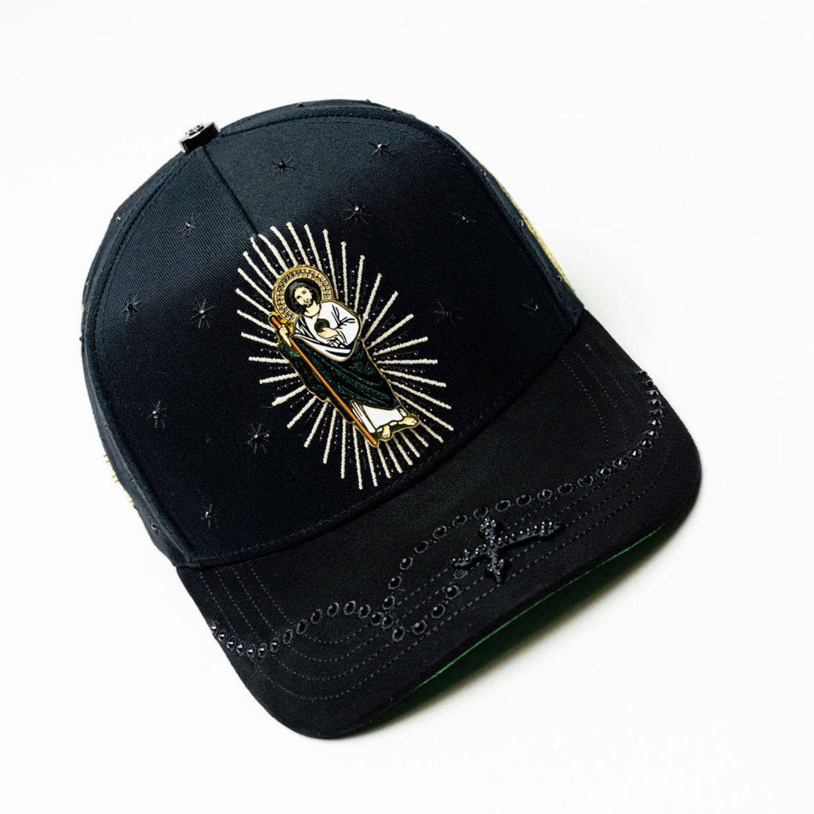 Top view of Bigg Boss San Judas Cristal Black Hat showing embroidered crystal detail