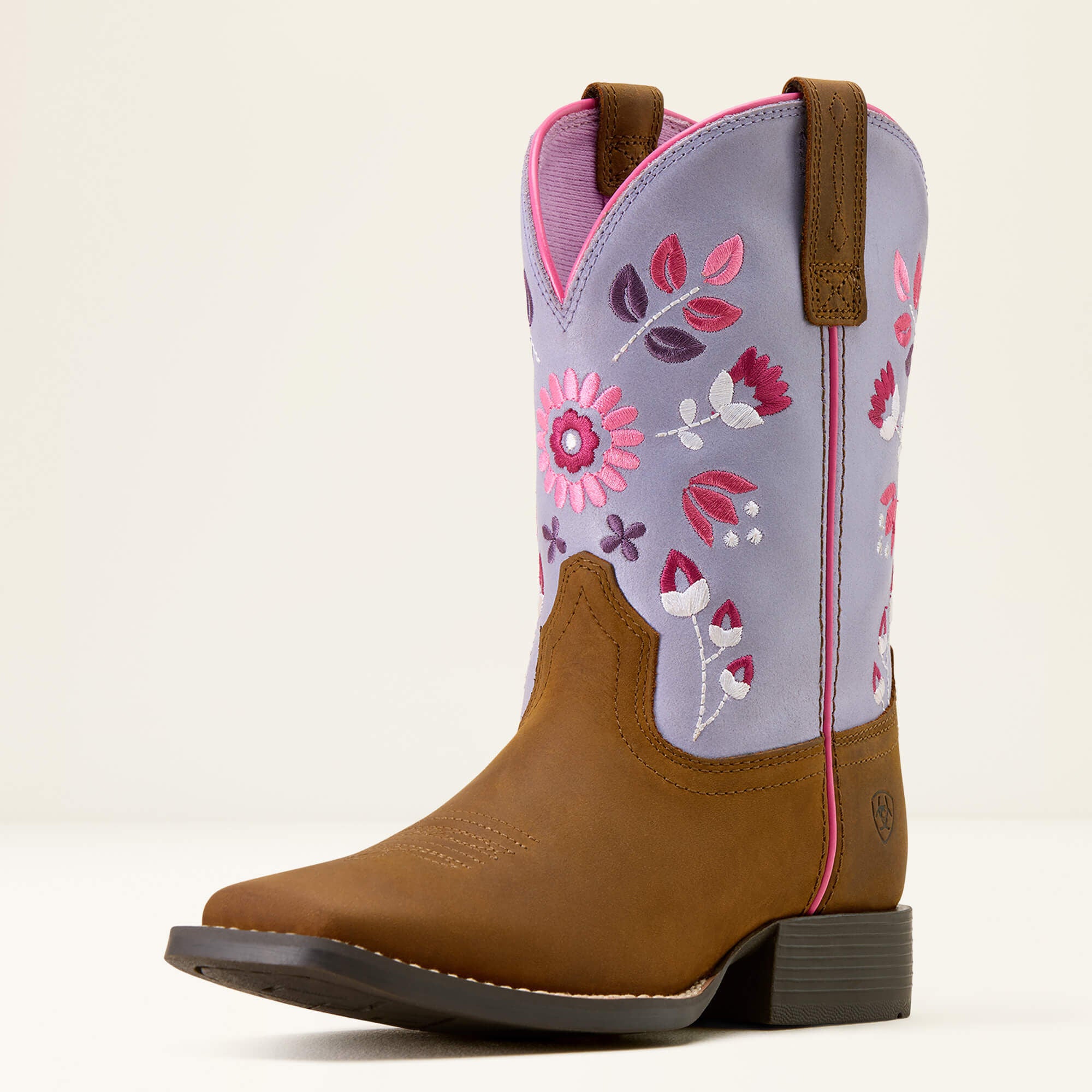 Ariat Youth Wild Bloom Wide Square Toe Western Boot angled side view in brown and pink