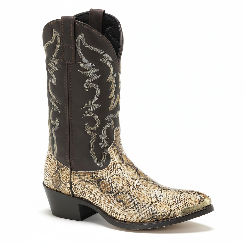 Laredo Monty Western Boot angled view in brown leather with stitched shaft and textured foot