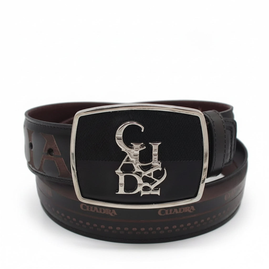 Cuadra Men’s Grey Belt front view with silver logo buckle and gray leather strap