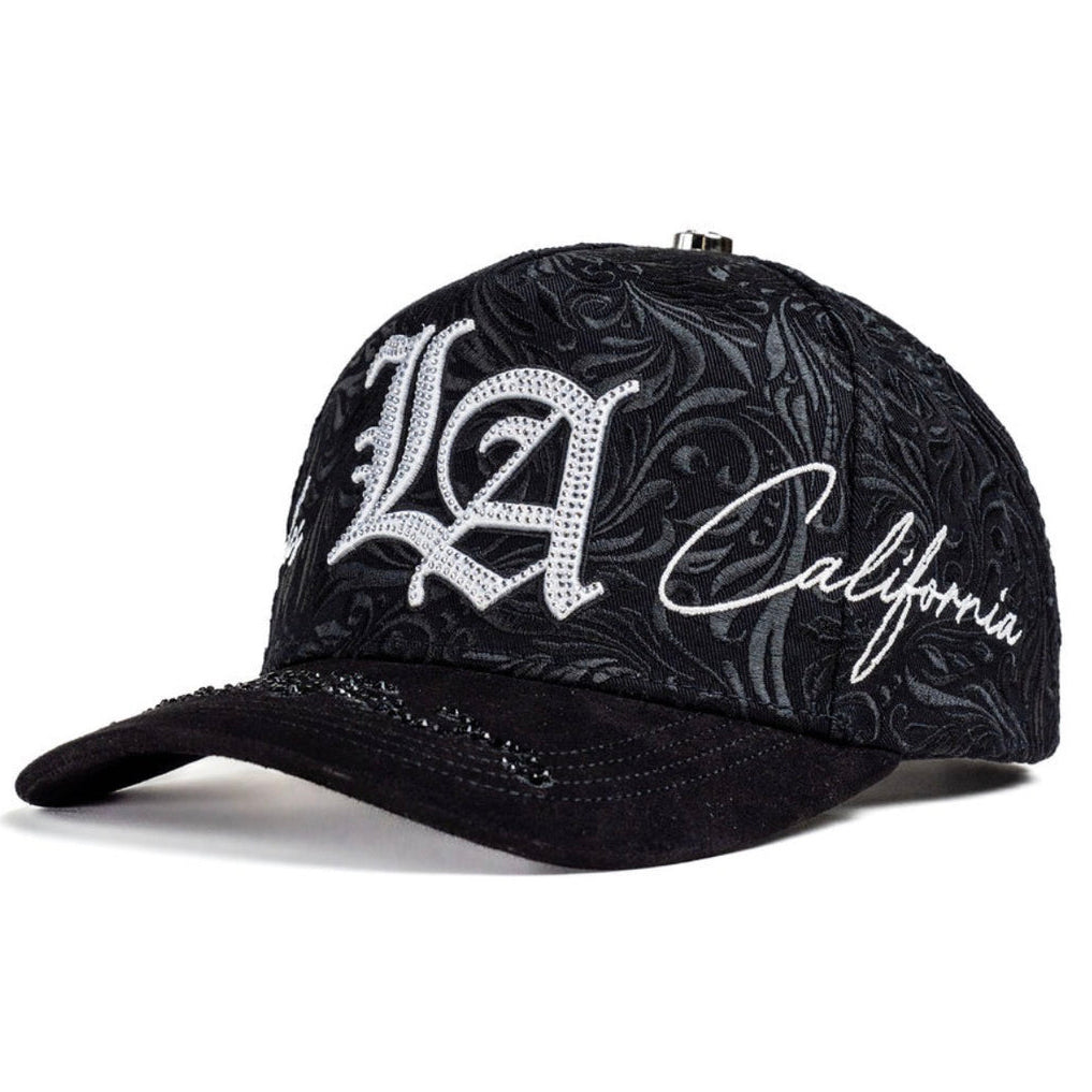 Angled side view of Bigg Boss California Black White Hat in black and white