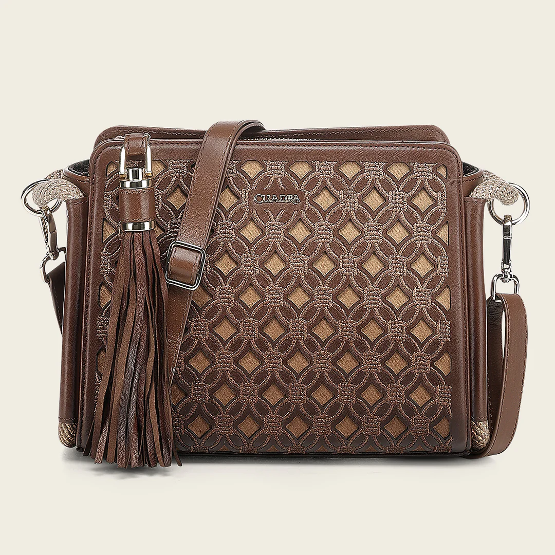 Cuadra Honey Embroidery Bag for women in brown leather with shoulder strap and fringe detail