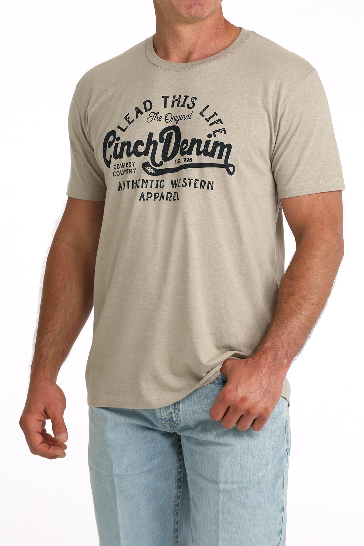 Cinch Men’s Short Sleeve Graphic Tee angled front view on model in khaki