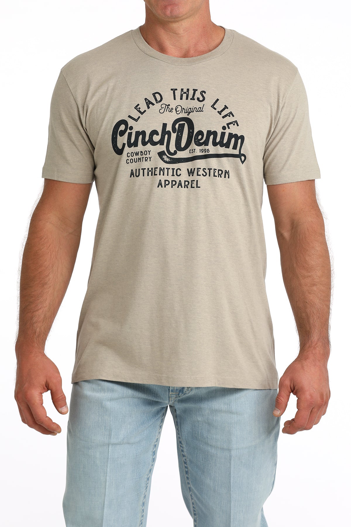 Cinch Men’s Short Sleeve Graphic Tee front view on model in khaki