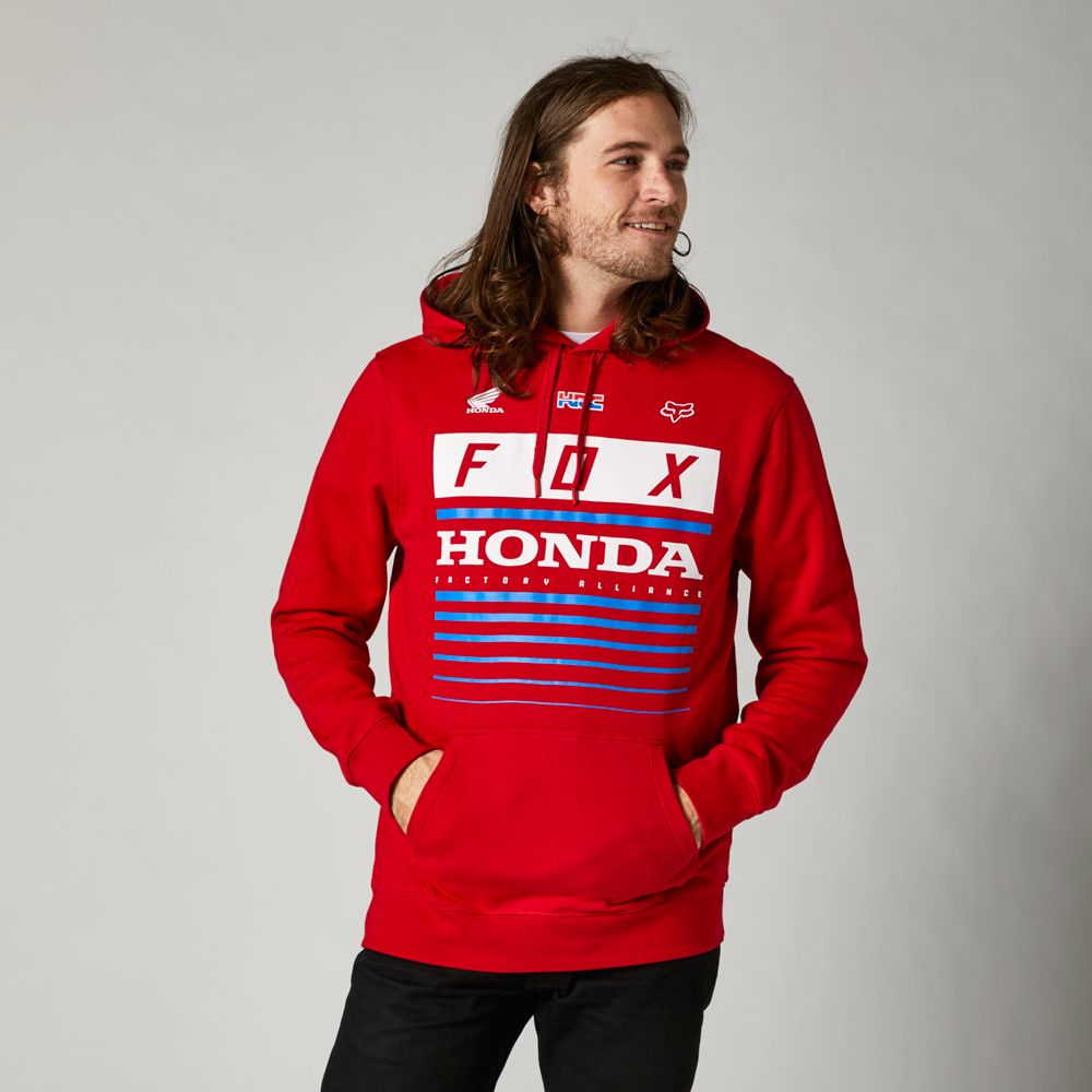Fox Honda Pullover Hoodie front view on model in red with Honda graphic