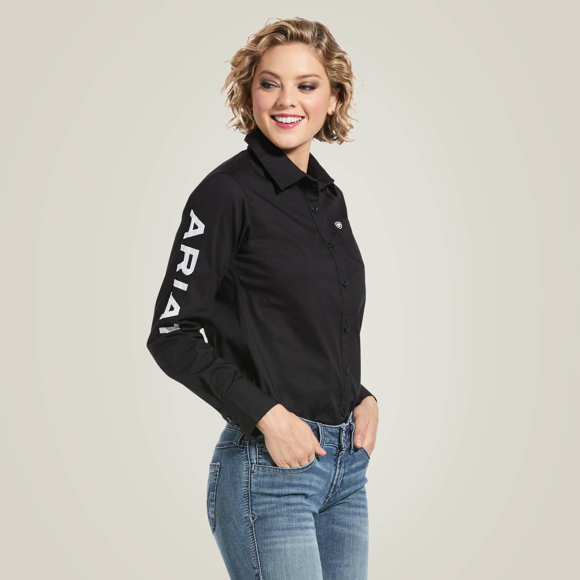 Ariat Team Kirby Stretch Shirt front angled view on model in black