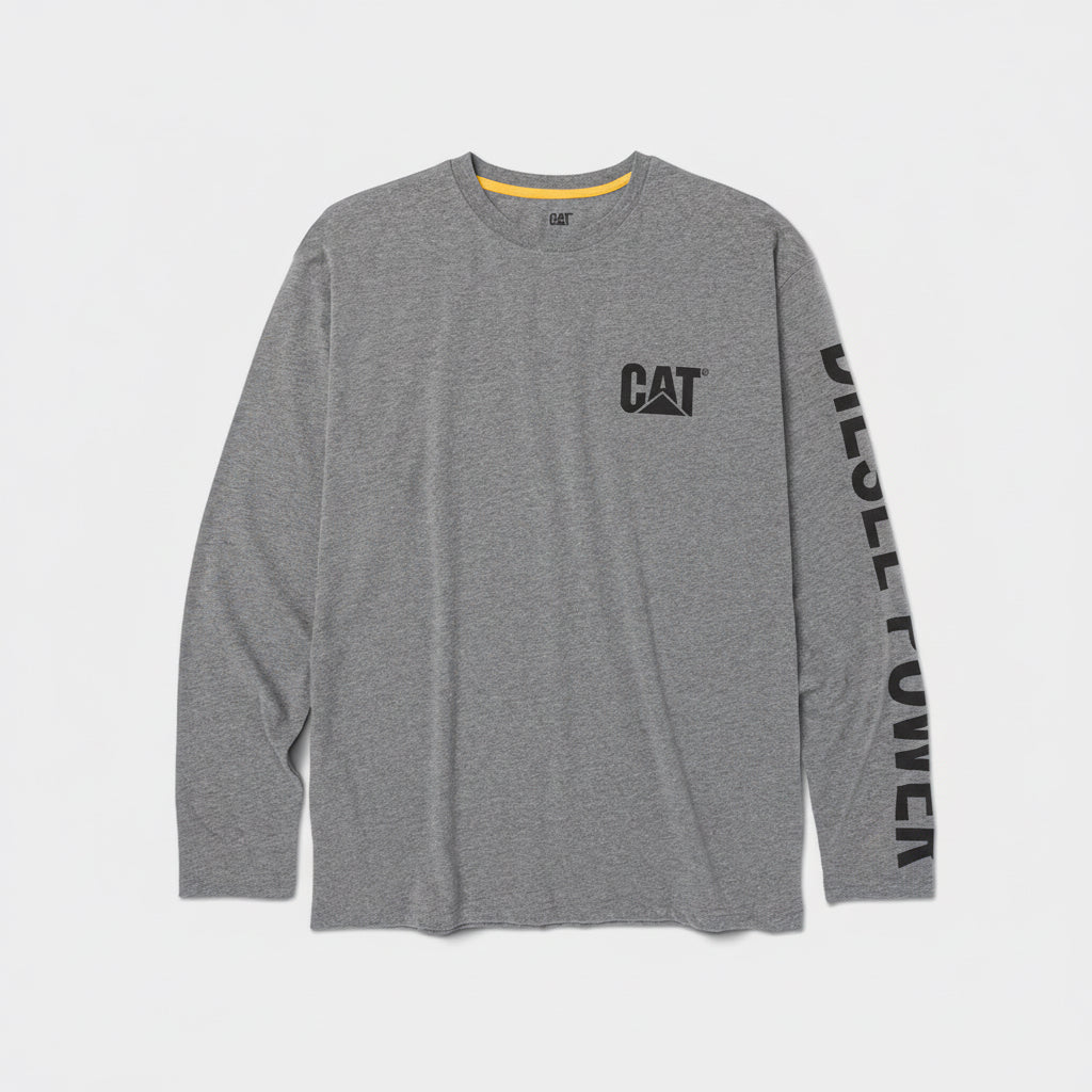 CAT Diesel Power Dark Heather Gray Long Sleeve T-Shirt for men with front chest logo and sleeve graphic