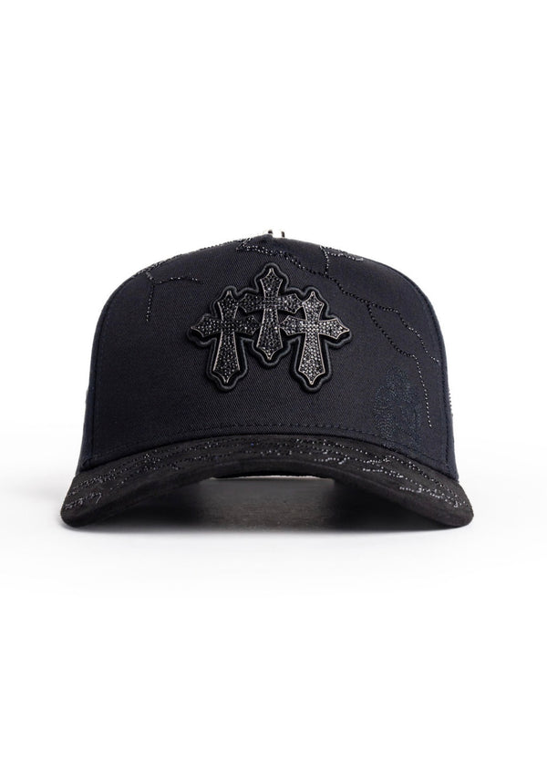 Kevin Hats Tres Cruces Black Hat front view in black with cross detail