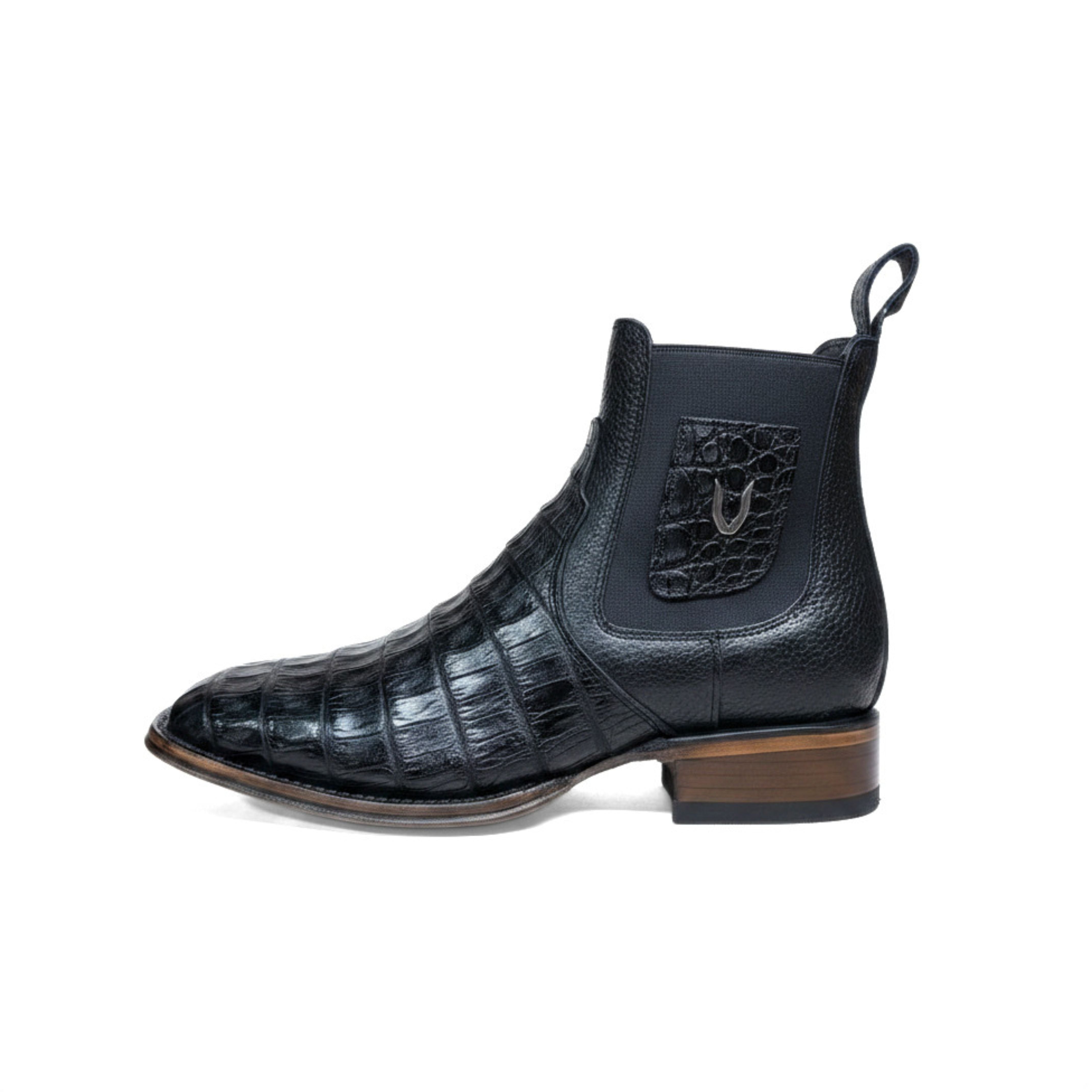 Vestigium Black Caiman Belly Boot side view in black exotic leather