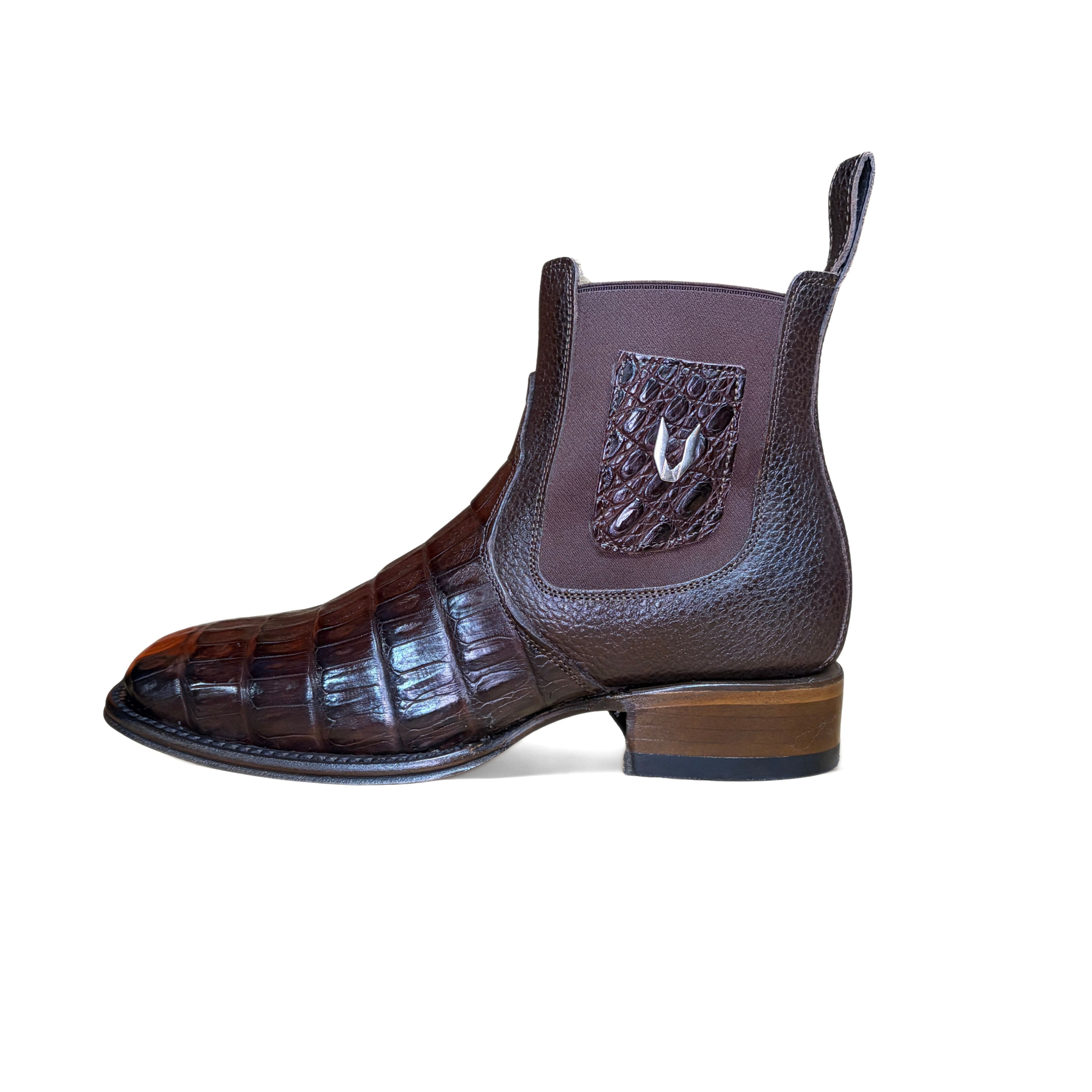 Vestigium Caiman Belly Café Boot side view in café brown exotic leather