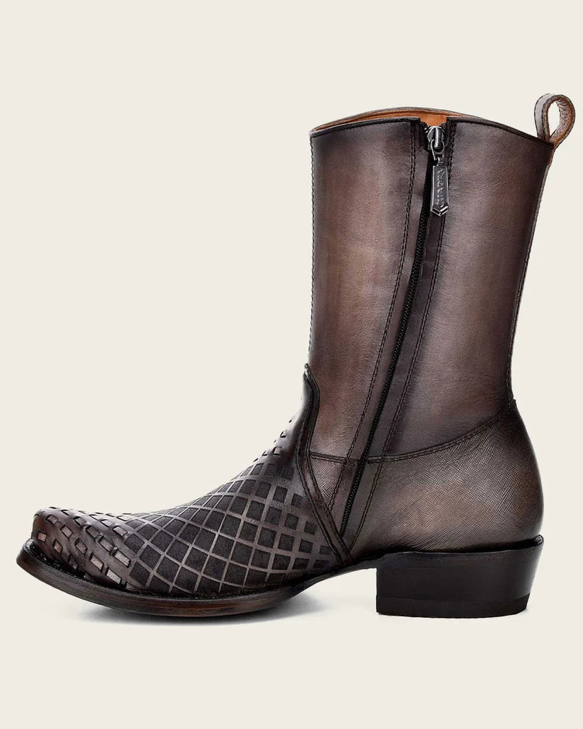 Bota vaquera Oxford gris grabada de piel bovina auténtica 