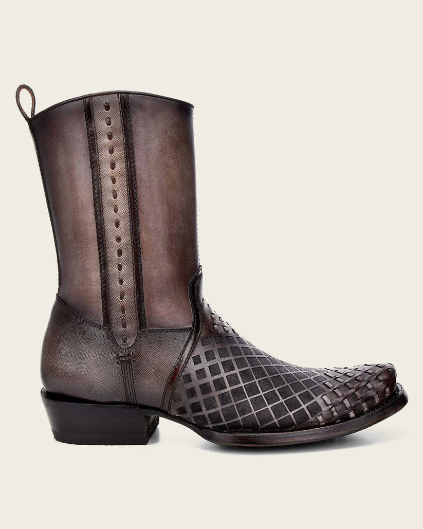 Bota vaquera Oxford gris grabada de piel bovina auténtica 