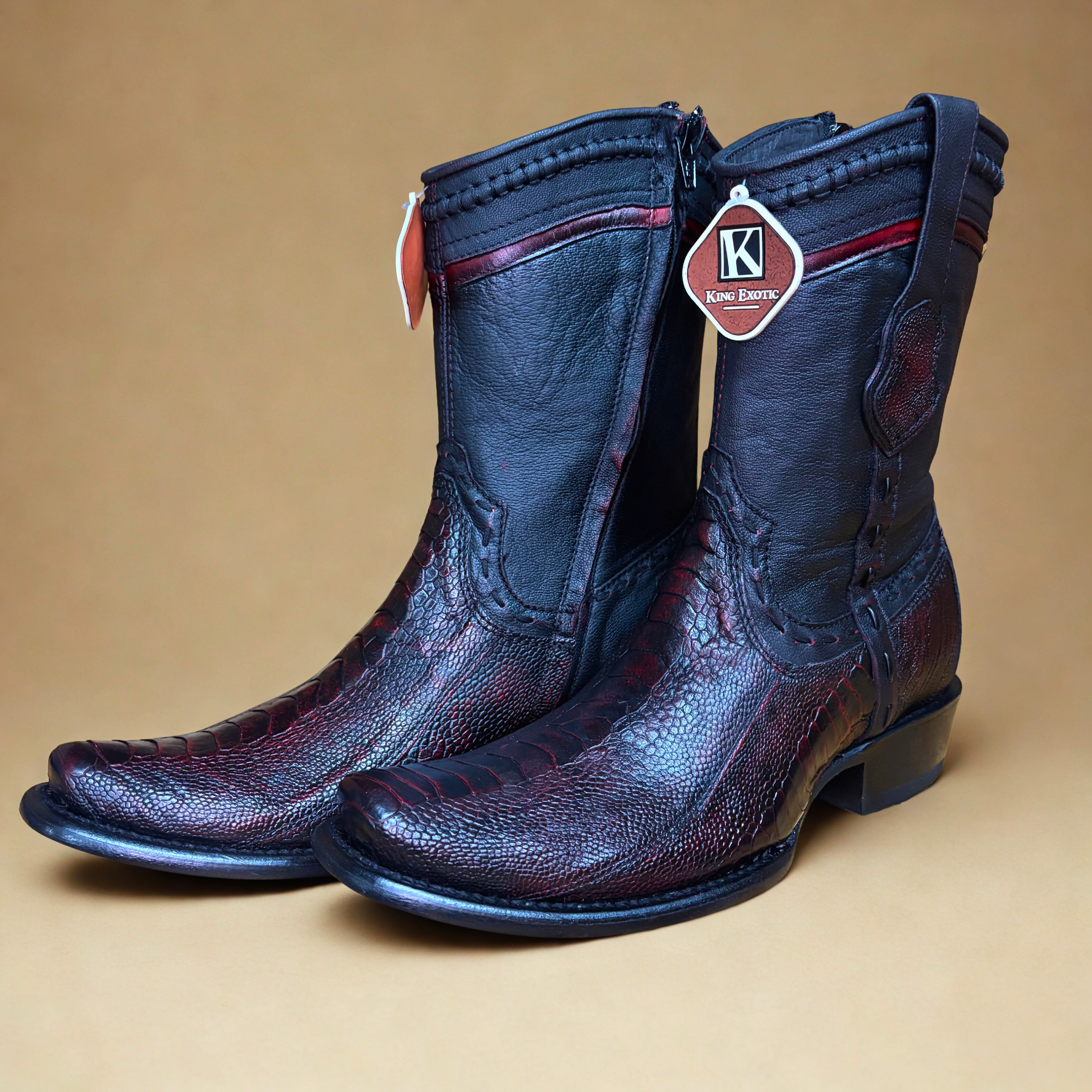 King Exotic Black Cherry Ostrich Leg Dubai Short Boot