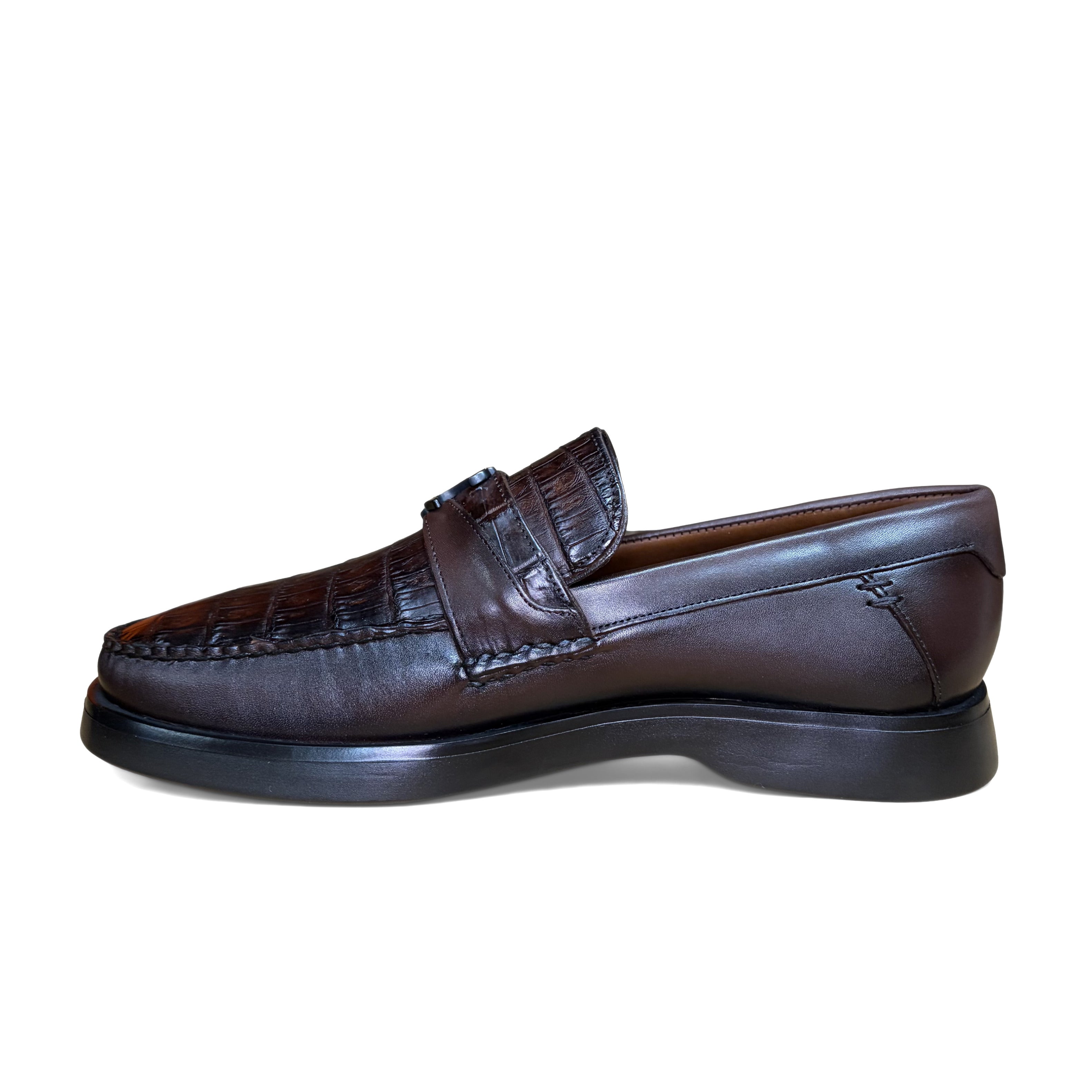 Cuadra Men’s Brown Caiman Slip-On Round Toe Loafer side view in brown leather