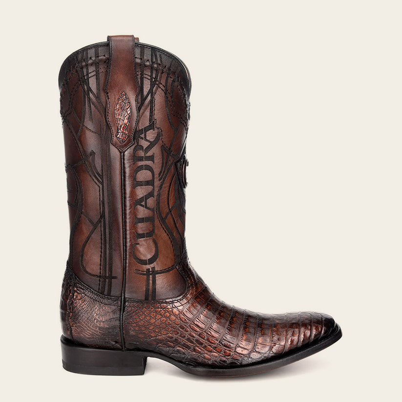 Laser engraved exotic brown leather cowboy boot