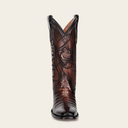 Laser engraved exotic brown leather cowboy boot