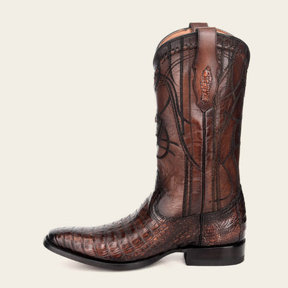 Laser engraved exotic brown leather cowboy boot