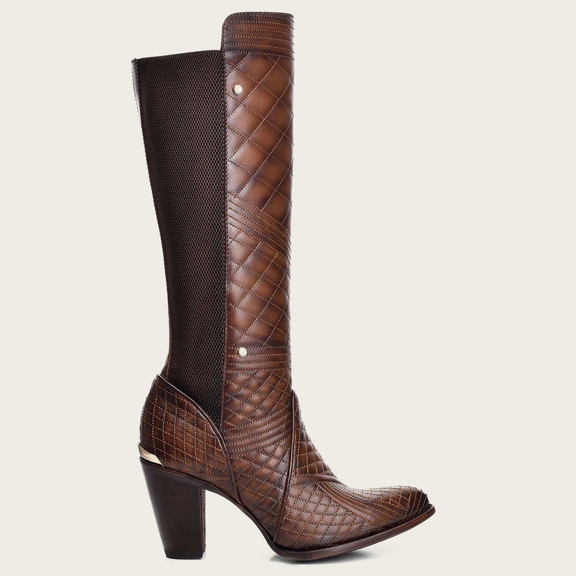 Embroidered brown leather boot