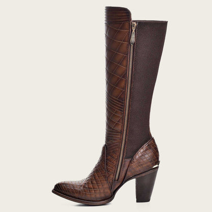 Embroidered brown leather boot