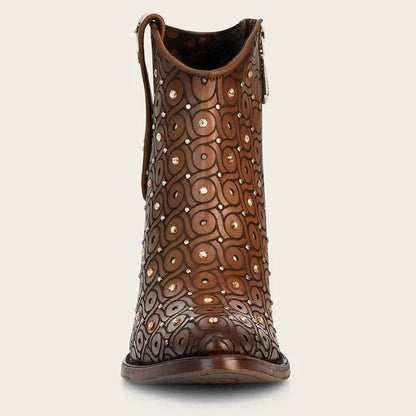 Cuadra Handwoven brown leather bootie with Austrian crystals