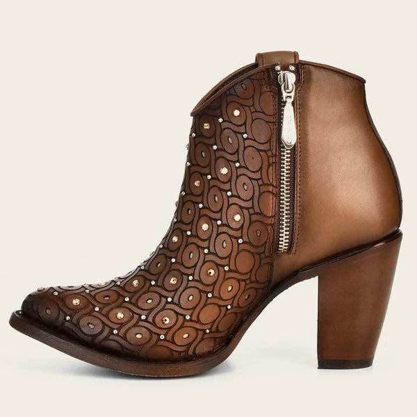 Handwoven Brown Leather Bootie With Austrian Crystals