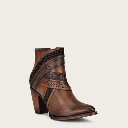 Hand-painted brown leather ankle bootie