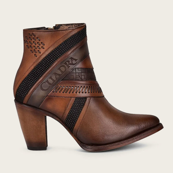 Hand-painted brown leather ankle bootie