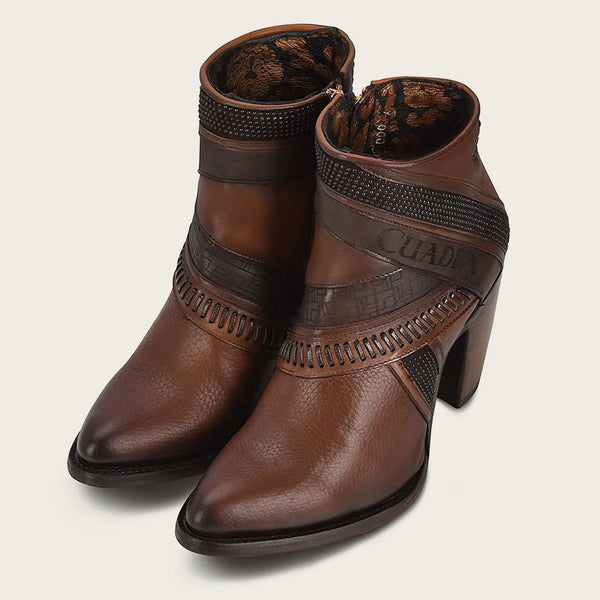 Hand-painted brown leather ankle bootie