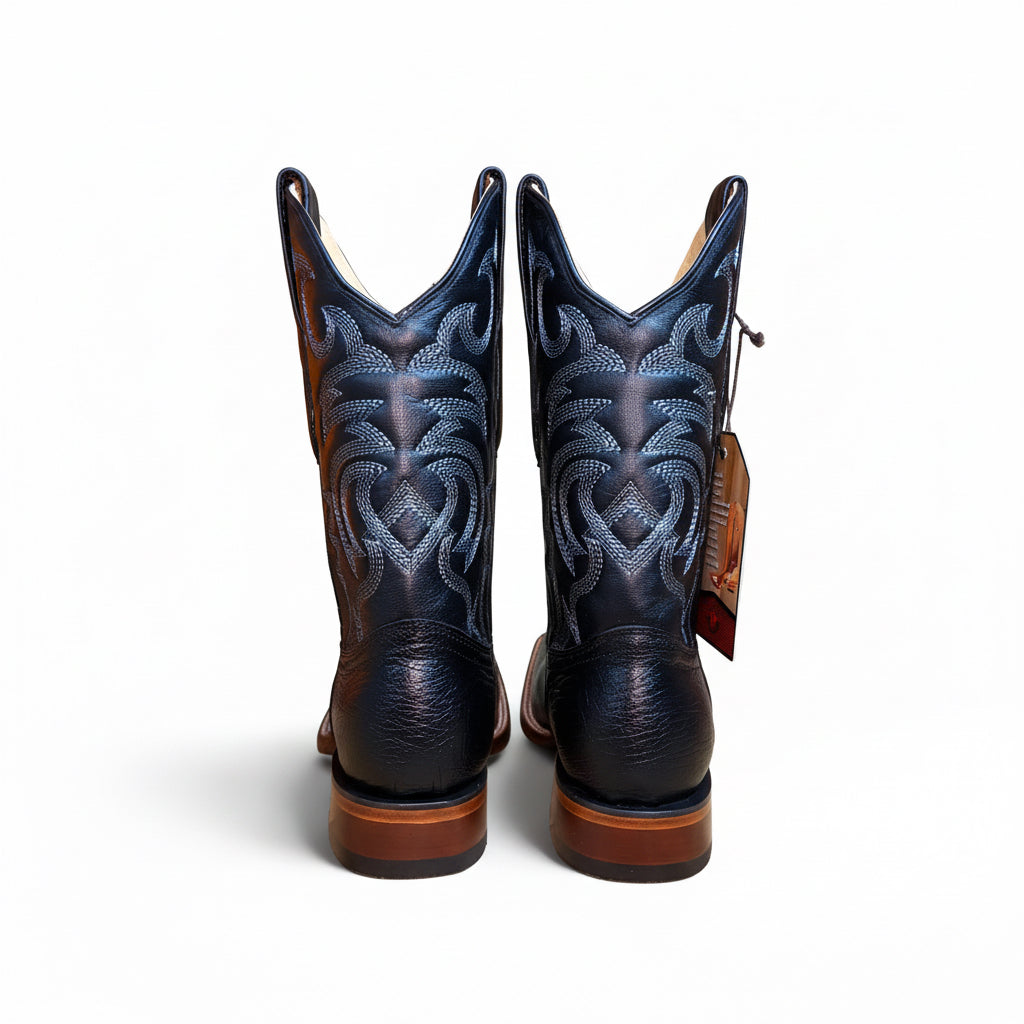 Bota Rodeo de avestruz lisa con punta cuadrada negra