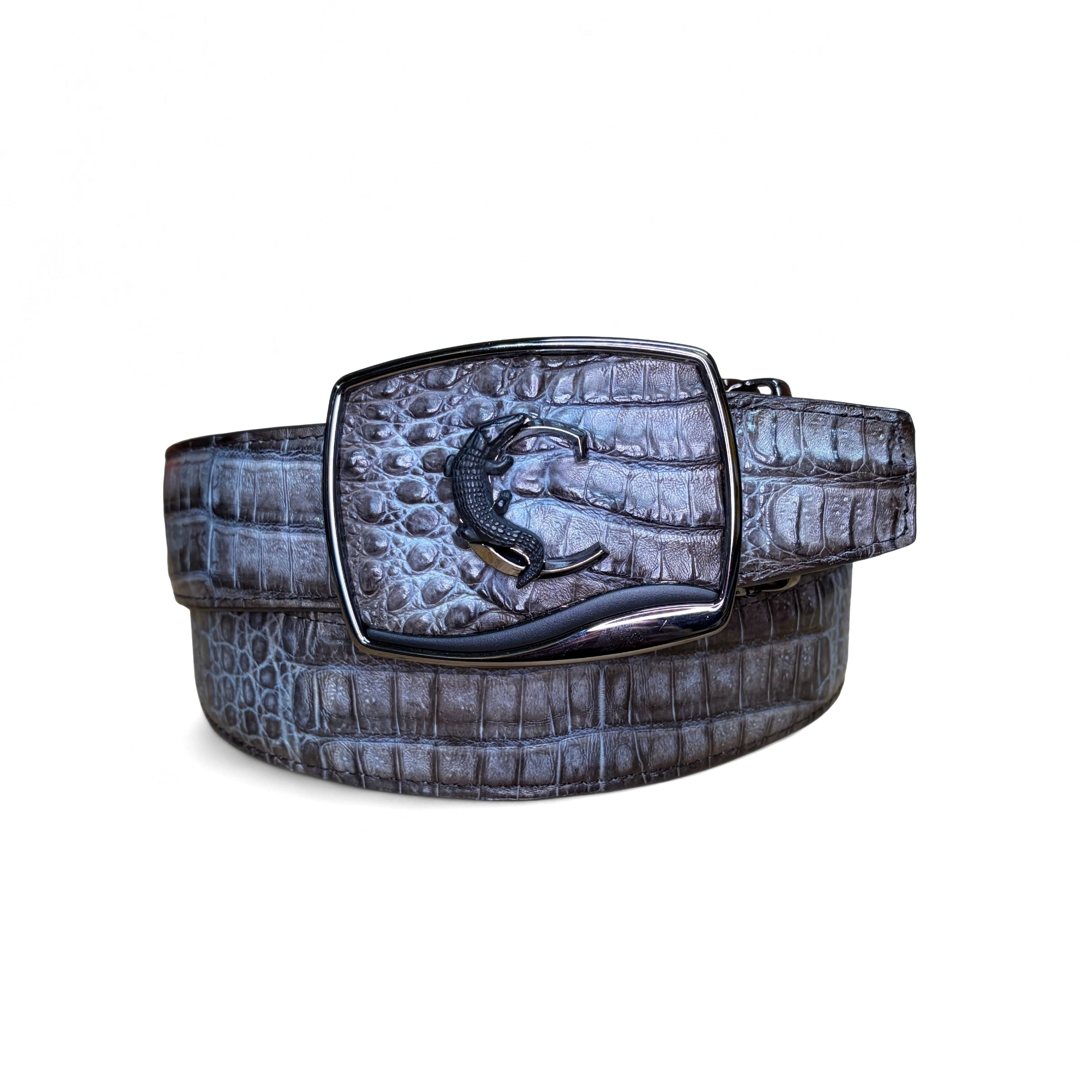 Cuadra Men’s Grey Caiman Stitching Belt front view in grey exotic leather with buckle