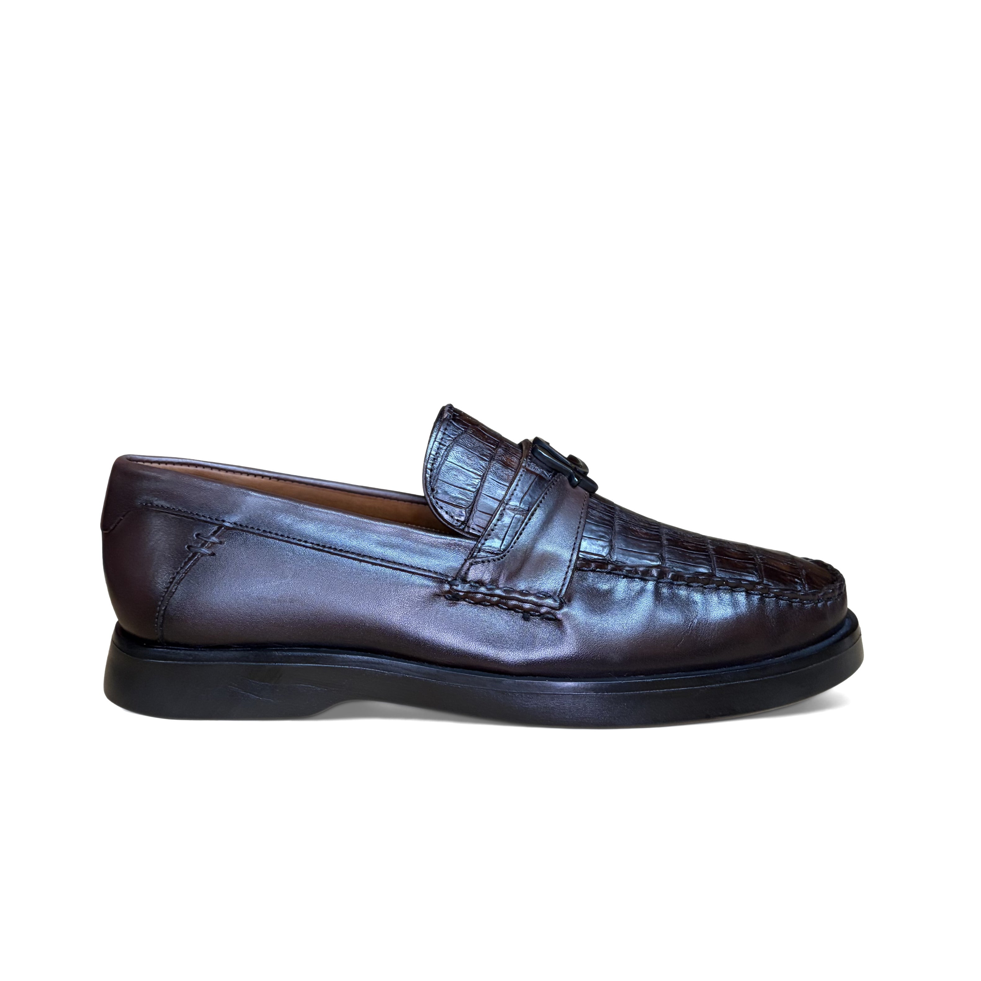 Cuadra Men’s Brown Caiman Slip-On Round Toe Loafer opposite side view in brown leather