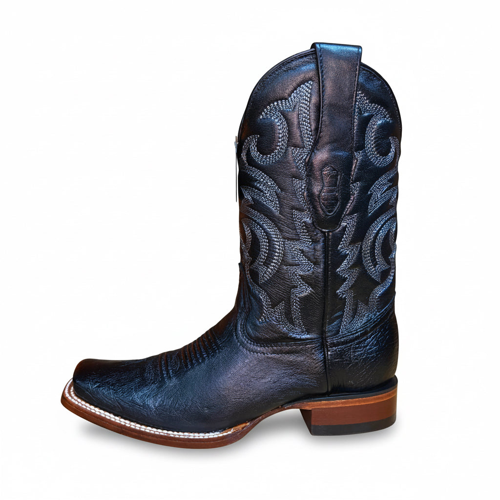 Bota Rodeo de avestruz lisa con punta cuadrada negra